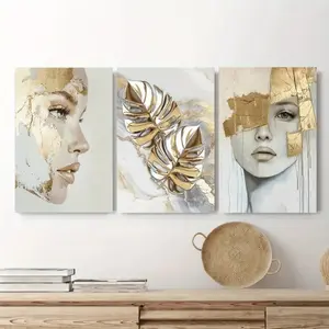 3pcs Wooden Frame Gold Girl Wall Art Set, Modern Decorative Portrait, High-Quality Elegant Women Hanging Painting, Home Decoration