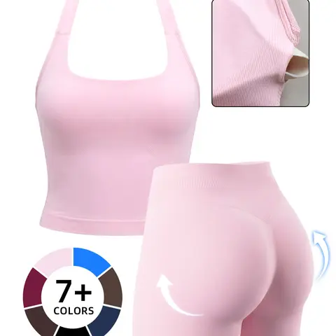 Women's Two-Piece Bodycon Workout Set, Tank Top and High-Waisted Shorts, Breathable Quick-Dry Exercise Clothing Sports Outfit for Yoga, Gym and Running