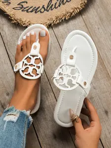 Women's Summer Fashion Solid Color Sandals, Comfortable Flat Slip-Ons, Lightweight Breathable Daily Wear Shoes, Bohemian Style Casual Footwear