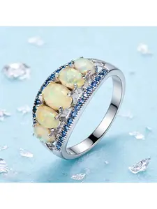 Elegant White K Plated Fire Opal and Zirconia Ring for Women Fashionable Synthetic Opal Oval Cocktail Ring Jewelry Gift for Girl