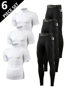 6 Pack Men's Workout Set: White Compression Tees + Black Running Tights with Phone Pocket for Gym & Fitness