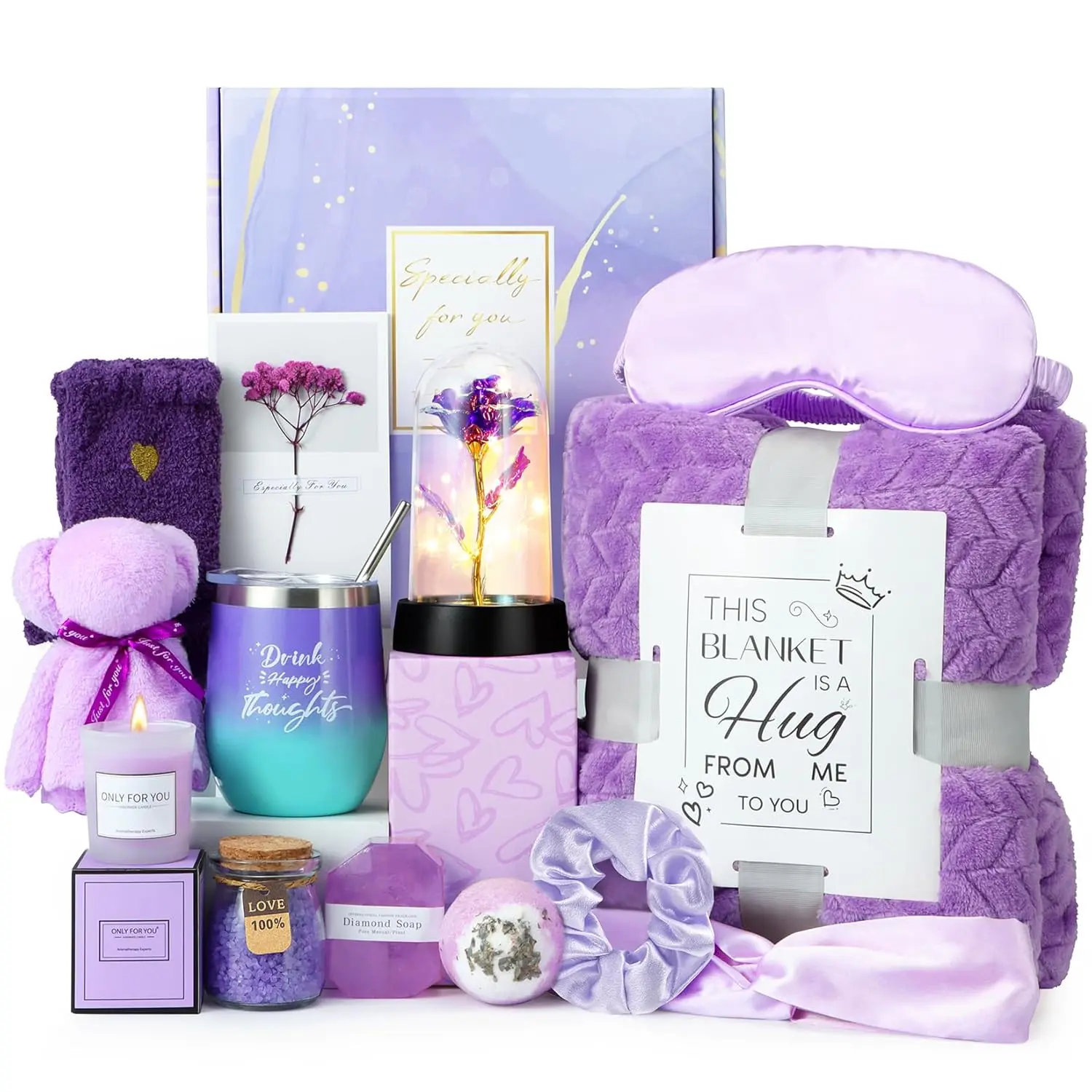 Gifts for Mom, Birthday Gifts for Women, Relaxing  Gifts Care Package with Luxury Flannel Blanket, Light-Up Rose Flower,  Mothers Day Gifts for Mom, Wife, Grandma, Sister,