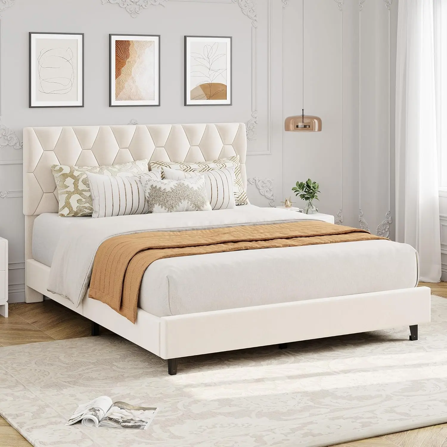 Upholstered Platform Bed Frame with Adjustable Diamond Tufted Headboard Twin Full Queen King Size, Heavy-Duty Strong Wood Slat Support, No Box Spring Needed, Noise Free, Easy Assembly, Floor Protectors, Sturdy Bedroom Bed
