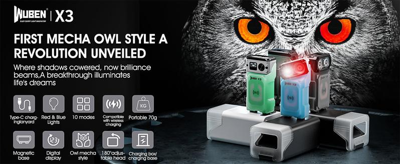 WUBEN X3 Premium Edition 2-in-1 RGB Flashlight + Portable Charging Dock – Mecha Owl Design, 700LM, Wireless Charging, Great Gift for DIY, Camping, Outdoor