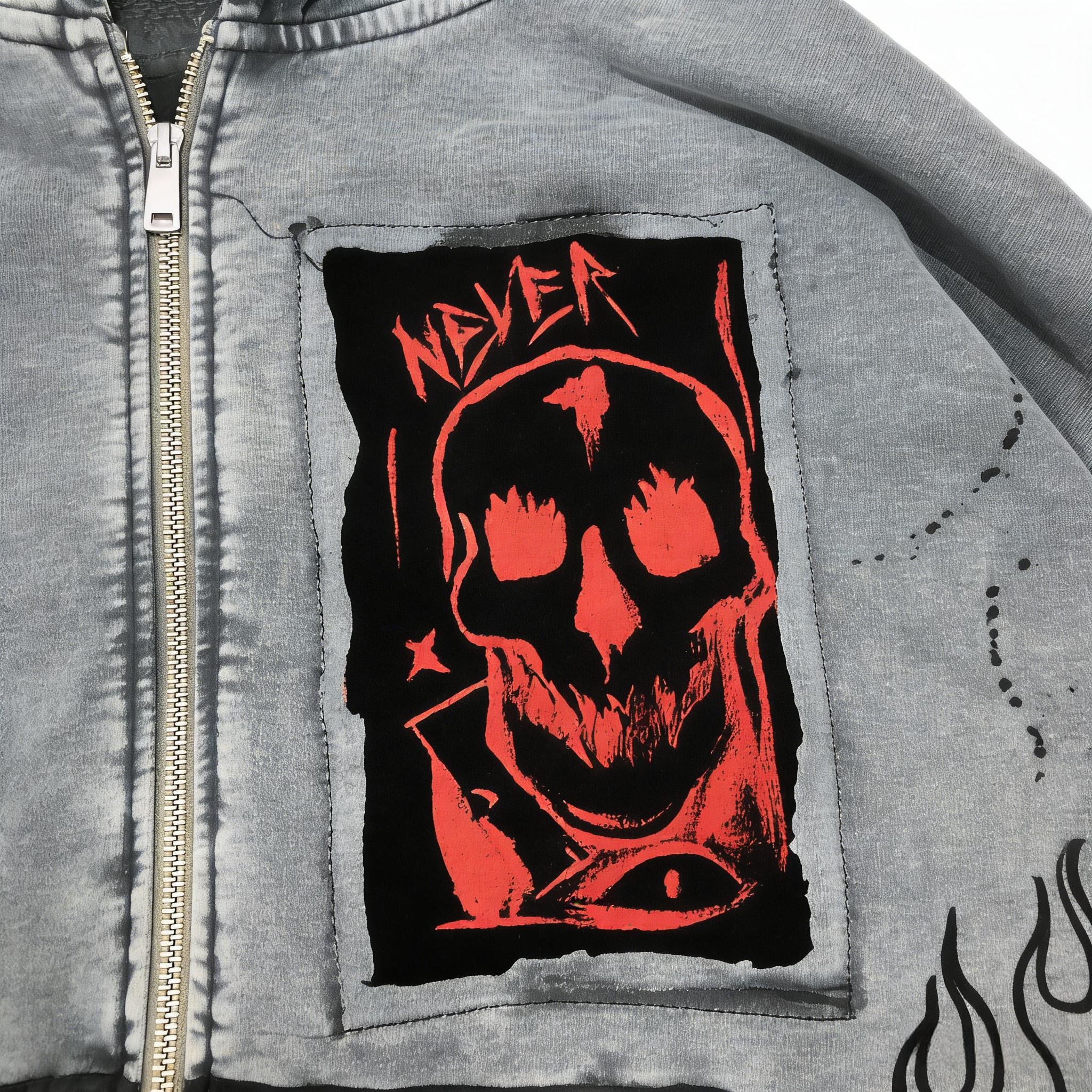 Vintage Washed Grey Oversized Zip Up Hoodie, Gothic Skull Demon Graphic Print Streetwear, Y2K Grunge Embroidered Patchwork Jacket, Punk Harajuku Casual Sweatshirt for Men Women