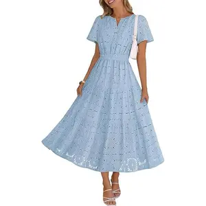 MEROKEETY Women's Spring Summer Floral Maxi Dress 2026 Boho Eyelet Hollow Out Lace Short Sleeve A Line Tiered Flowy Dresses