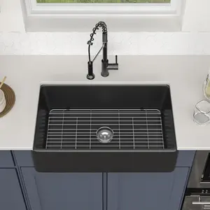 Logmey 33" Black Farmhouse Kitchen Sink Fireclay Undermount Apron Front Farm Sink 33" x 20" x 10" Single Bowl Black Ceramic Kitchen Sinks