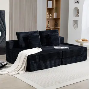 Double Lounge Chaise Cloud Plush Sofa Bed Upholstered Boneless Deep Seat Corduroy Sleeper Loveseat Chair for Living Room Bedroom Reading Black No Assembly Required