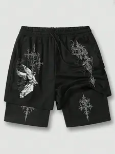 Men's Gothic Style Two-Layer Fake Two-Piece Shorts, Angel Cross Thorn Print Drawstring Waist Dark Streetwear Sports Shorts Summer Casual Gym Shorts, Casual Athletic Shorts