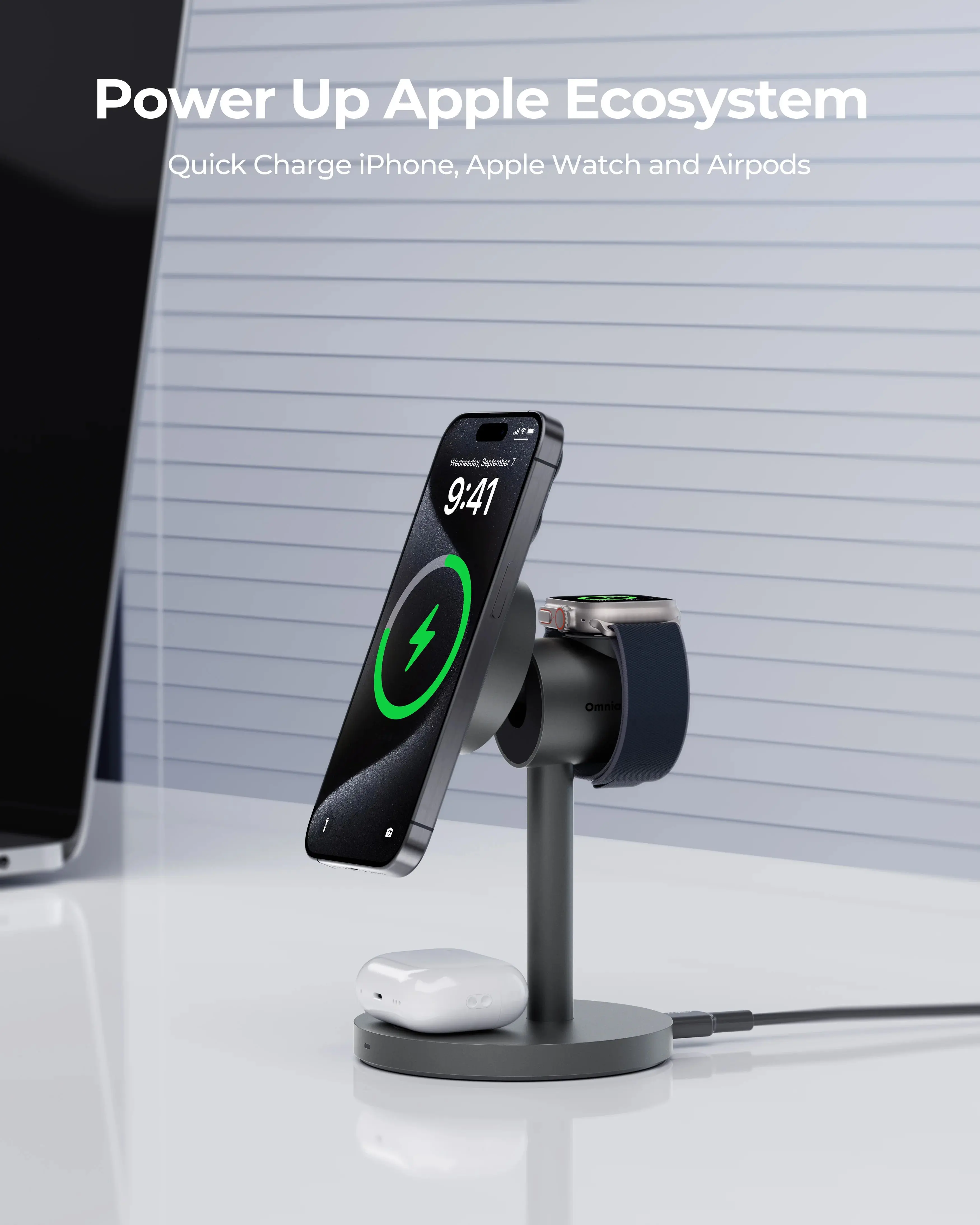 AUKEY 3-in-1 MagSafe Magnetic Phone Watch Earbuds Fast Wireless Charging Station Cable Charger Metal MagFusion Qi2 (LC-MC311) smartnfccase bezosmax mini
