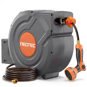 【DealsForYouDays】NEOTEC Retractable Garden Hose Reel 90ft/100ft/130ft - Wall Mounted ，Heavy Duty Hose Reel with 3/4 Inch Brass Fittings & 9-Pattern Nozzle - Auto Rewind System, Any Length Lock, 180° Swivel Bracket