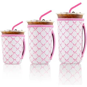 Neoprene Cup Sleeve with Handle - Reusable 3-Pack Iced Coffee Cup Sleeve for Cold Drinks, Pink Bow Design, Party Drink Decor, Temperature Control