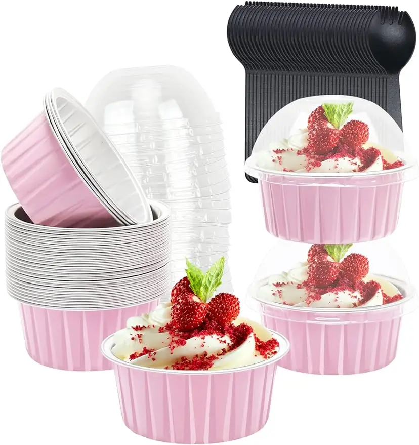 Pack of 50 with lids, 5-ounce aluminum foil cupcake cups, muffin cans, disposable Ramikins cupcake baking tray, cake rack suitable for egg and milk mi