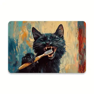 Vintage 2D Flat Brushing Cat Tin Sign Wall Art for Sports Cafe Garage and Party Room Decor 12x8 Inches