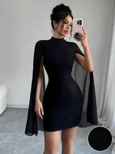 Mini Slim-Fit Stand Collar Cape Dress, Patchwork, Solid Color, Fashionable, Stylish and Minimalist, Perfect for Casual, Party and Formal Wear, Women's Clothing, Womenswear