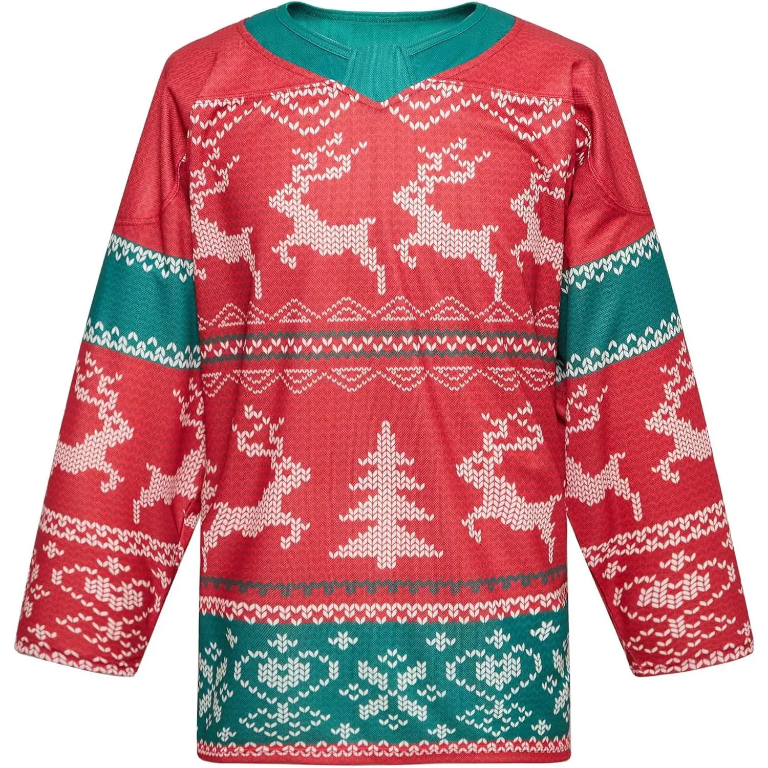 Male Hockey Jersey for Men & Boys, Christmas Sublimated High Strength Polyester Practice Top with Elk & Snow Print, Breathable, Full Games, Imported, Light Weight, Polyester Clothes, Double Knit, Elk Pattern, Pull-On, Machine Washable, Thermal Sublimation