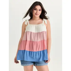 BloomChic Women's Plus-Size Nylon Shirts - Smooth Multicolor Colorblock, Pleated Tiered, Casual Fit Lady Blouse, 2026 Summer Pick, Mother's Day Garment Swimweek