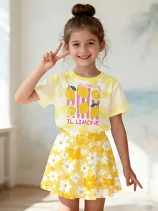 Girls' Lemon Daisy Summer Set, Casual Two-Piece Suit with Skirt, All-Over Print Design, Perfect for Kids