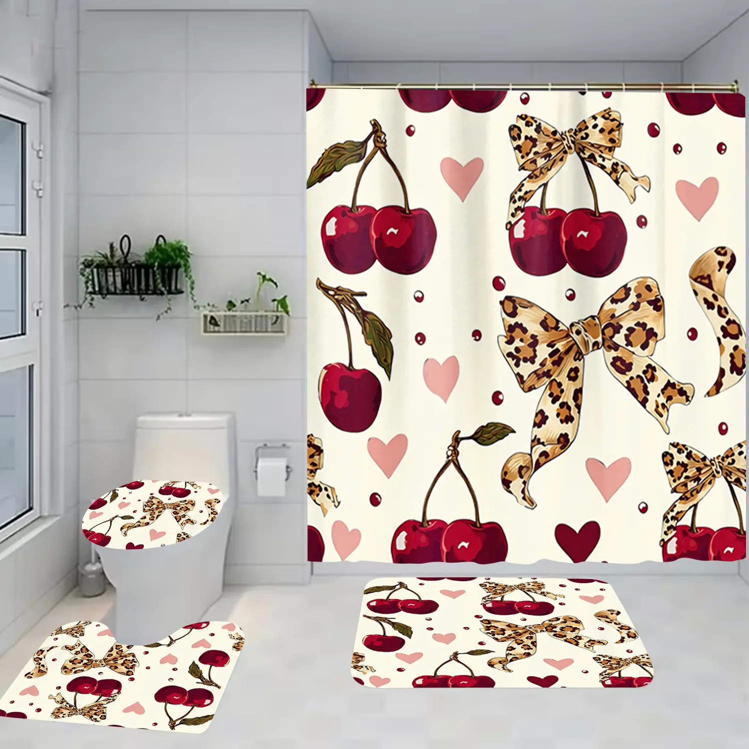 1/4 piece cherry bow design bathroom set, Bathroom decoration accessories, with soft floor mat, toilet seat cushion, Decorative Shower Curtain, home decor, the floor mat has rebound, water absorption, anti slip, ideal for gifting