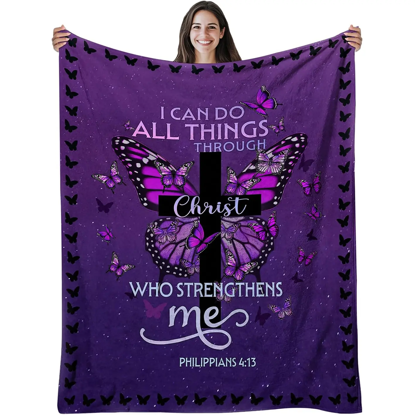 1pc Christian Gift for Women - "I Can Do Everything" Christ Blanket - Inspiring Religious Birthday Gift, Catholic Spiritual Gift, Faith-Based Gift - Purple Christian Blanket, Butterfly Pattern Flannel Blanket