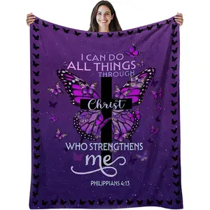 1pc Christian Gift for Women - "I Can Do Everything" Christ Blanket - Inspiring Religious Birthday Gift, Catholic Spiritual Gift, Faith-Based Gift - Purple Christian Blanket, Butterfly Pattern Flannel Blanket