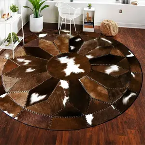Round Cowhide Pattern Carpet, Non-slip Washable Floor Mat, Decorative Western Cowhide Rug for Home Living Room Bedroom Office