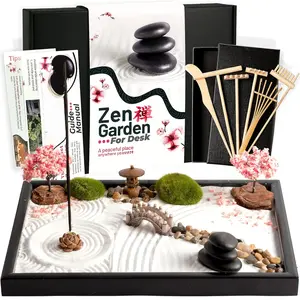 Zen Garden Kit for Desk 12x8in Sand Tray,   Set 14 Accessories and 6 Tools, Meditation Mini Zen Garden, Zen Sand Garden, Home Office Desk Decorations,  Kit, Rock Decor