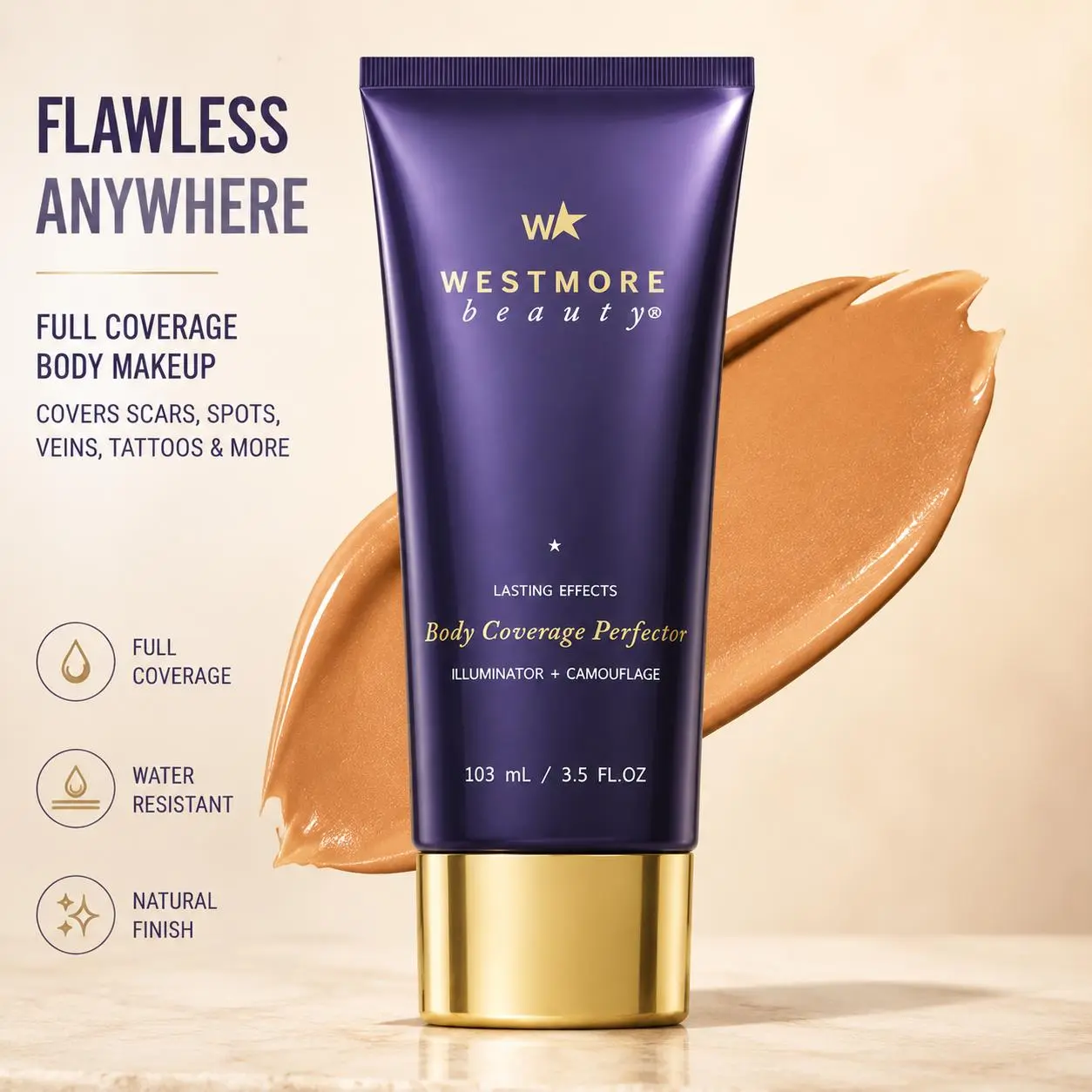 Beauty Body Coverage Perfector 3.5oz with XL Buffer Brush, Flawless Body Makeup Concealer for Scars, Spots, Veins, Tattoos & Imperfections, Full Coverage Blendable Cosmetic