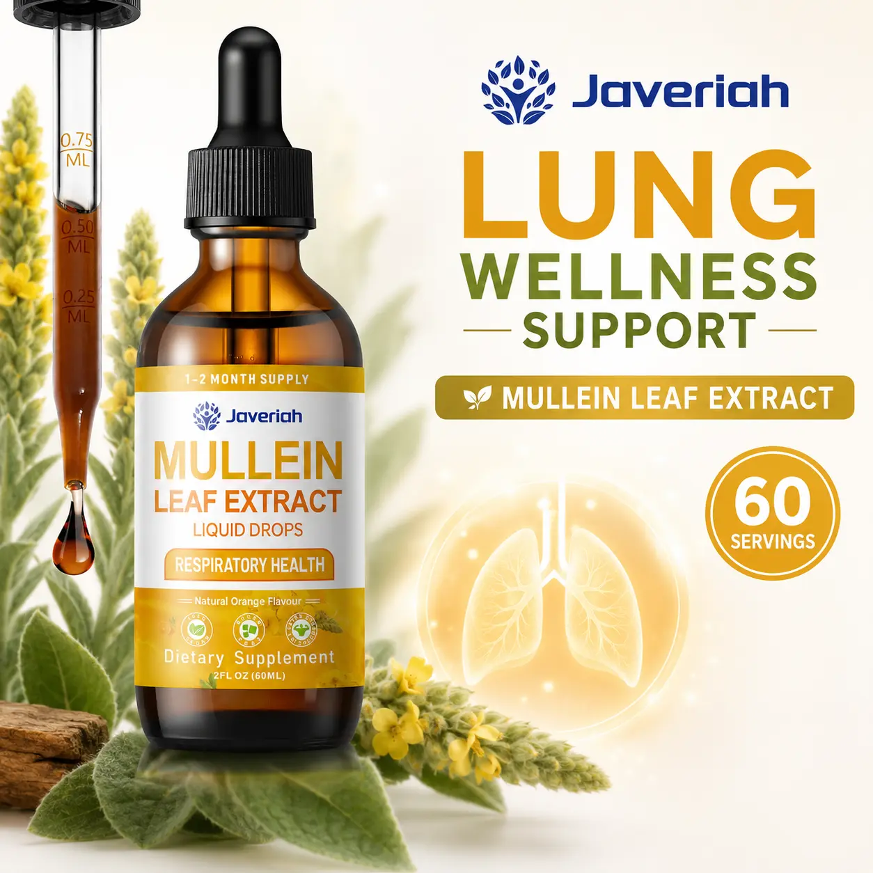 Javeriah Mullein Leaf Drops for Lung Wellness Support, Natural Mullein Leaf Extract Liquid Herbal Supplement, Botanical Herbal Tincture for Daily Wellness, Plant-Based Lung Support Drops, 2 Fl Oz Dropper Bottle, 60 Servings