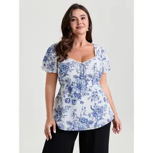 BloomChic Women's Plus Size Fitted Shortsleeve Floral Print Polyester Spandex Blouse - Stretchy, Waist-Defining, Smooth, Knot-Accented 2026 Summer Spotlight Top, Deals for You Days Womenswear Pick