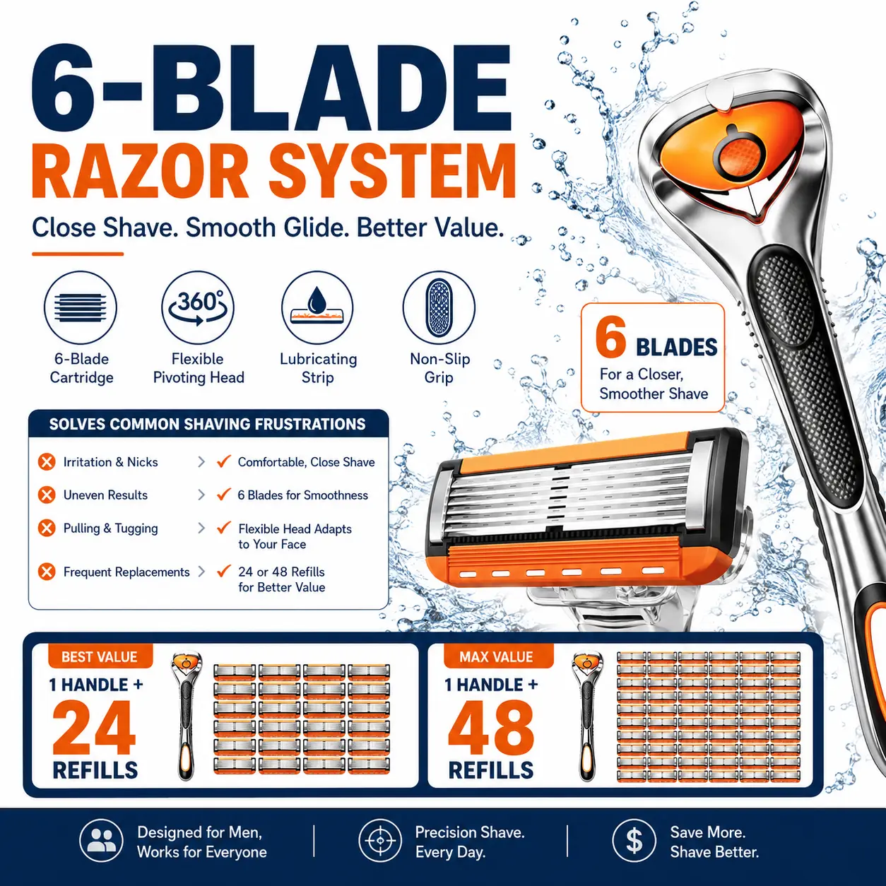 Men's 6-Blade Razor Kit – 24/48 Refill Cartridges, Pivot Head, Ergonomic Grip, Wet Dry Shaving for Face & Body