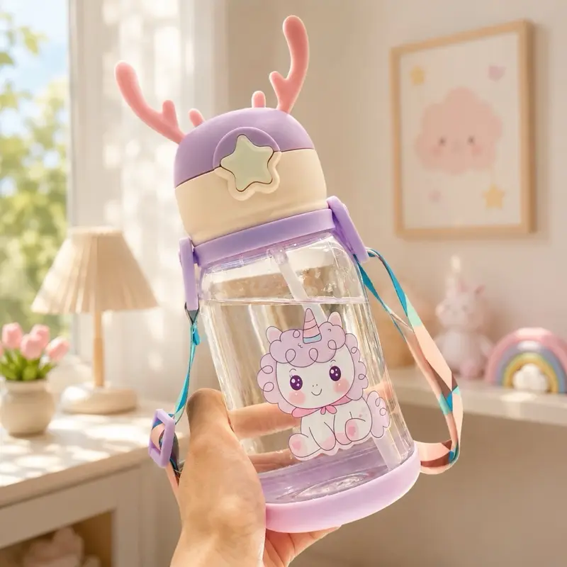 Botella de agua de plástico de 500 ml para niños, diseño de dibujos animados, con correa, para jardín de infantes у primaria, con pajita