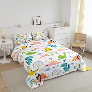 Dinosaur Bedding Set for Boys Girls Teenss,Full Size Colorful Dinosaurs Comforter Set,Cute Cartoon Dino Rainbow Down Comforter