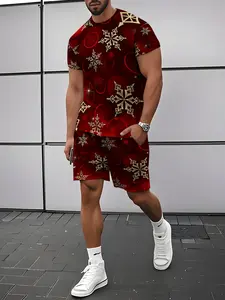 Christmas Theme Red Snowflake Pattern Men's Short Sleeve & Shorts Set Casual Loungewear