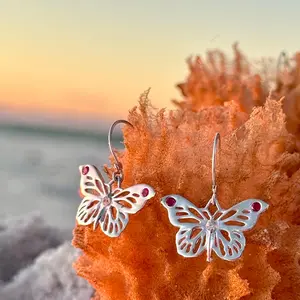 Sterling Silver Earrings: Lab Created Ruby Graceful Monarch Flight Earrings, Dangling Butterfly Ruby Earrings ~Kinetic ~Movement ~Delicate