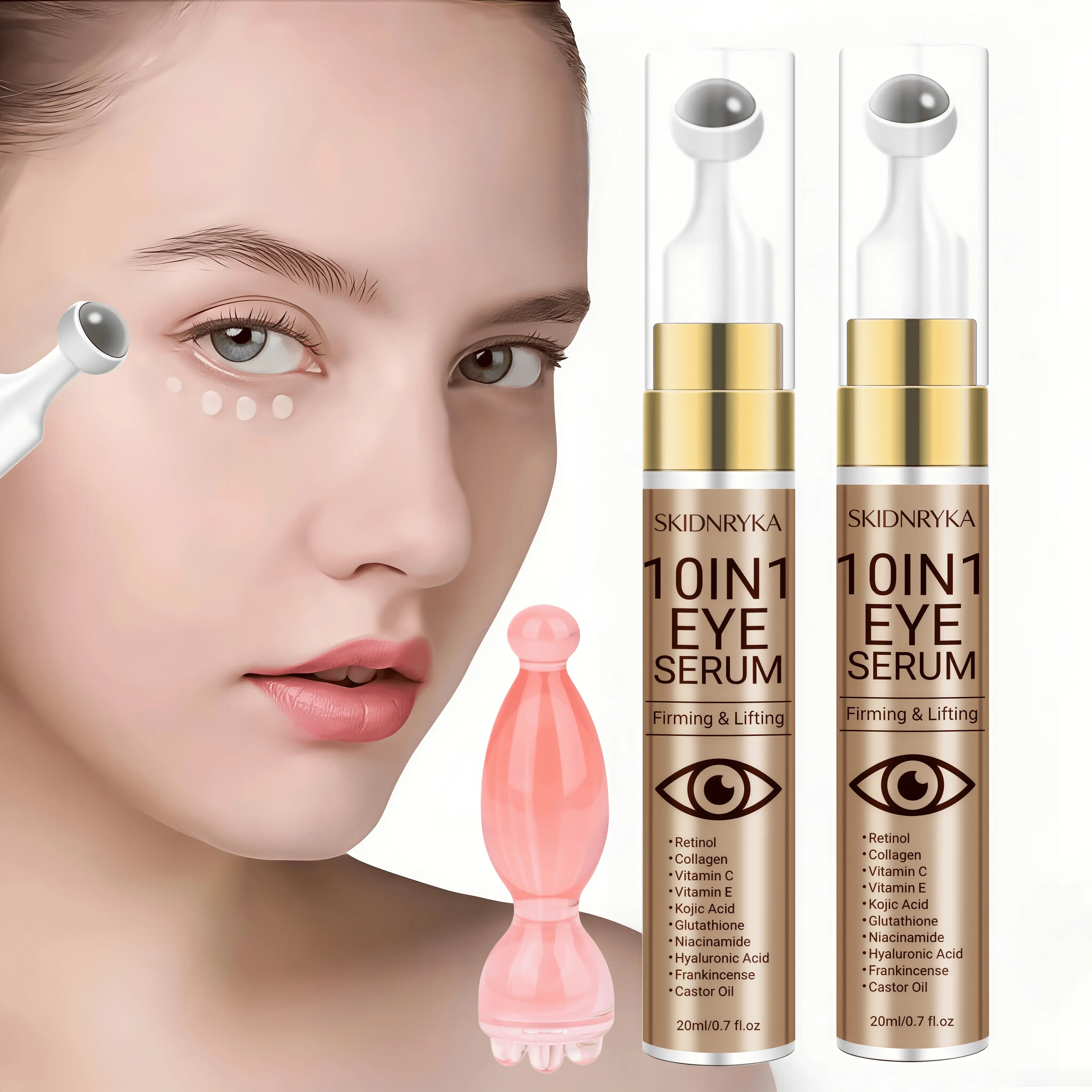 10-in-1 Retinol Roller Eye Cream (with massage stick), rich in collagen and caffeine, 360° rollerball massage for nourishing and firming the eye area, smoothing skin, brightening the undereye, suitable for all skin tones, an everyday skincare product