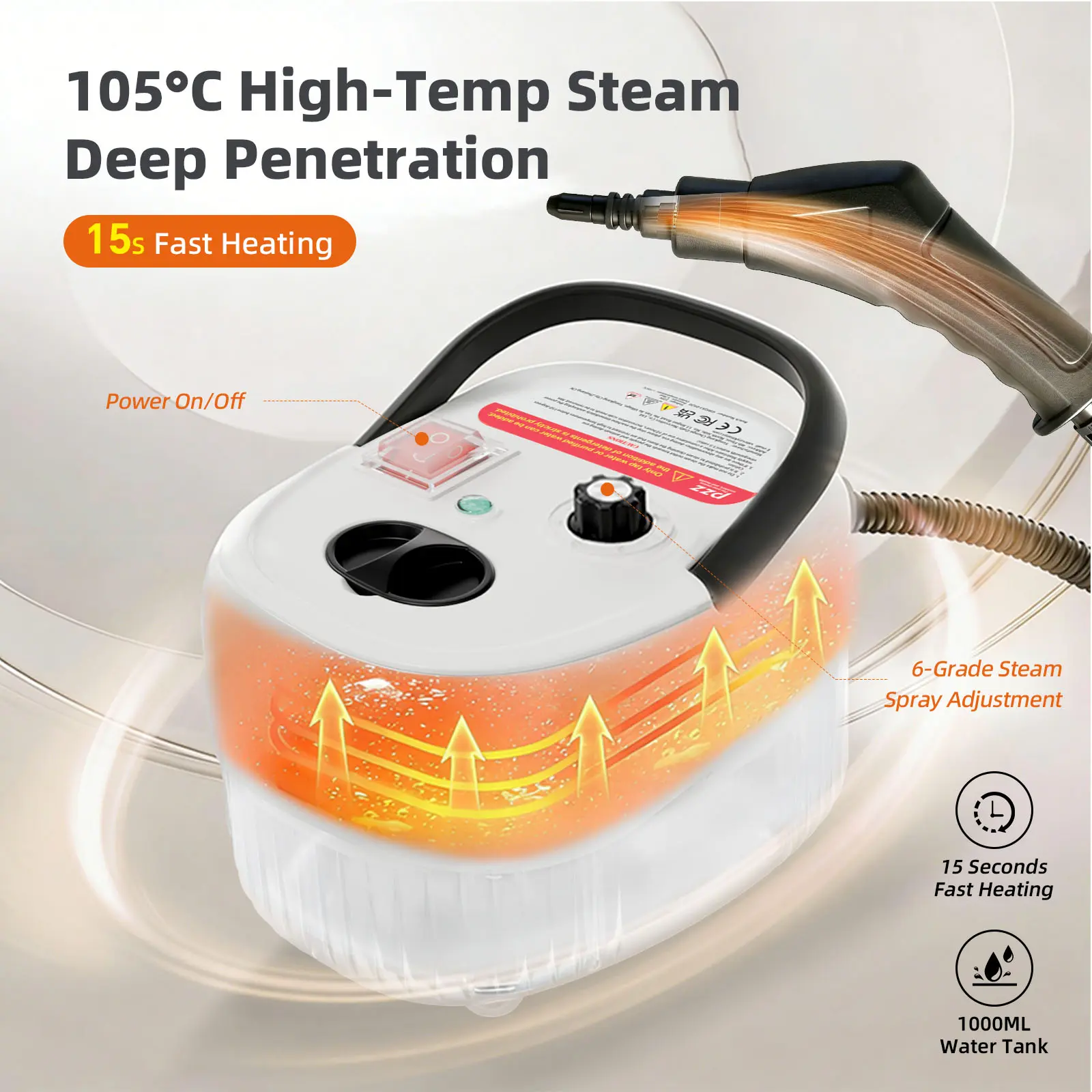 PZZ Handheld Steam Cleaner, 15s Fast Heat, 6-Level Steam Control, Large Capacity, Home Cleaning Tool, Deep Cleaning for Home & Car