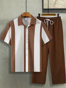 Men's Brown & White Striped 2-Piece Loungewear Set - Short Sleeve Button-Down Shirt & Drawstring Waist Pants, Lightweight Breathable Fabric, Relaxed Fit for At-Home Lounging, Lazy Weekends & Casual Evenings, Homewear