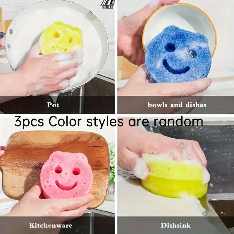 3-Pack Color-Coded Non-Scratch Kitchen Sponges, Soft Brush Texture, ///blue, Gentle on Surfaces, for Pots, Pans, Utensils