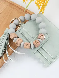 Teacher Card Holder Wristlet, Silicone Beaded Keychain with Teach Wooden Beads, PU Leather Scalloped Edge, Perfect Teacher Gift, Stylish Keychain