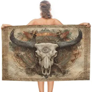 Cozy Cotton Lightweight Bath & Sports Towel, Classic Abstract Western Cow Print, Quick-Drying Sand-Free, Colorful Rustic Ancient Aztec Tribal Cow Skull Skeleton Design, Outdoor Double-Layer