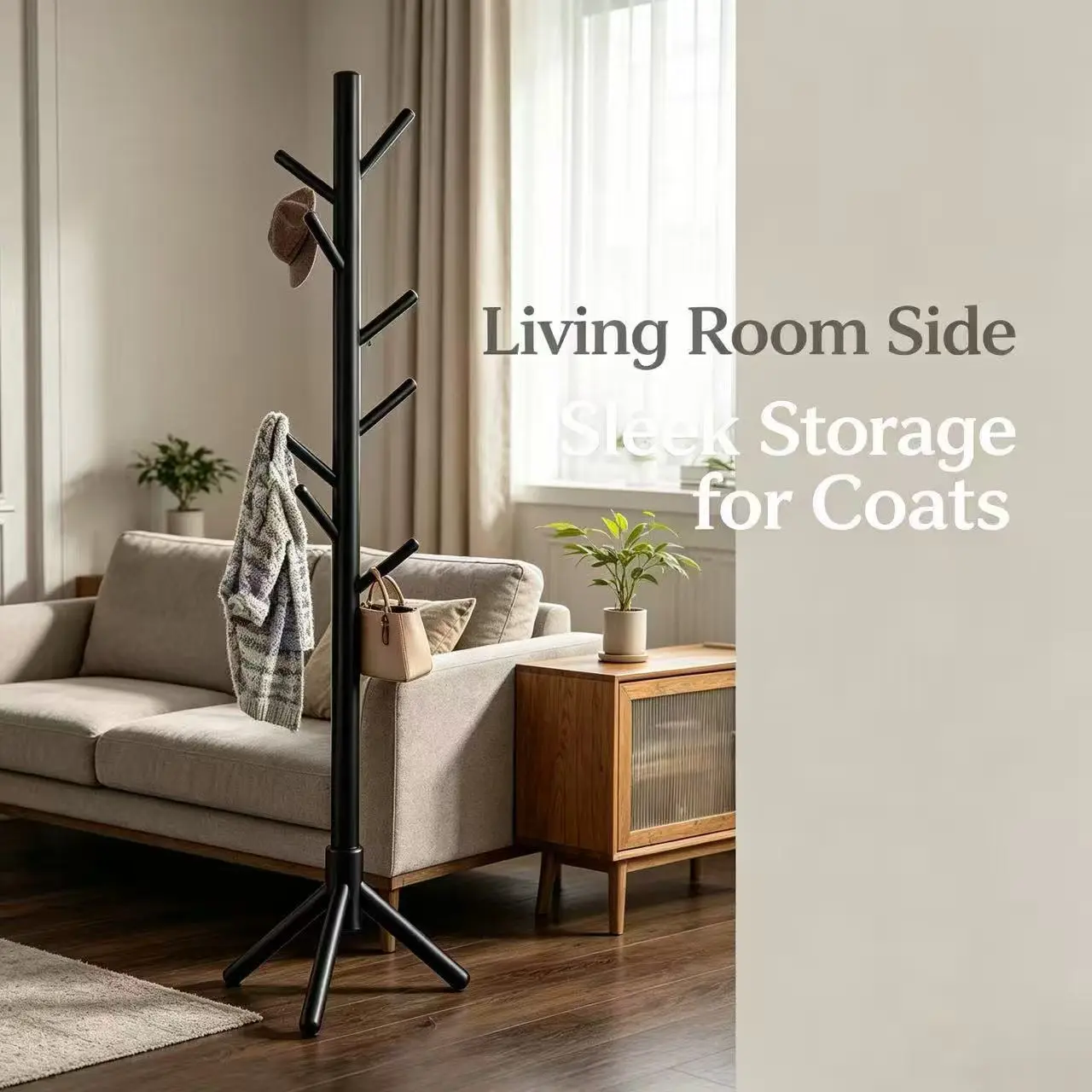 Wooden Tree-Shaped Coat Rack with Stable Tripod Base, 8 Multi-Angle Hooks, Easy-Assembly Floor Coat Stand for Entryway, Bedroom
