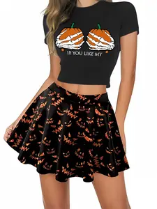 New Halloween Ghost Face Print Cheerleader Pleated Skirt Set Casual Women's Short Sleeve Half-Skirt Suit