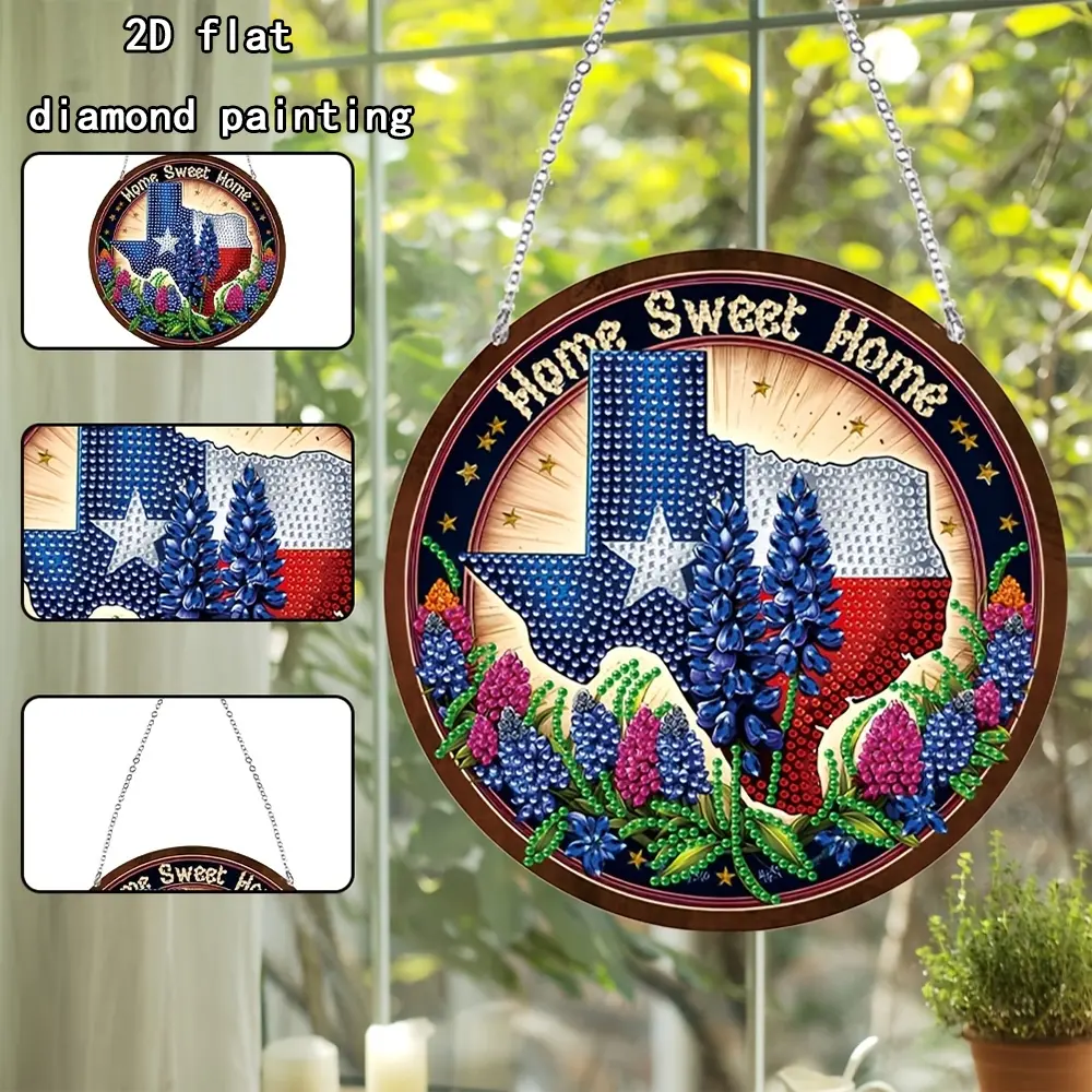 Texas Style Family Map Pattern 5D Diamond Painting Wooden Wall Art Set, Creative DIY Kit with Drill Tools, Unique Home Decor, Diamond Pattern Design