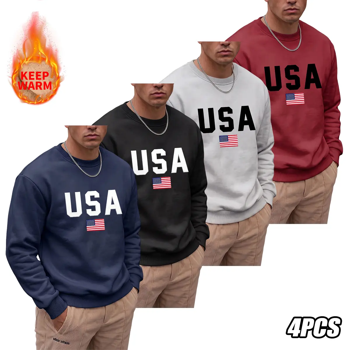 【JOGWAVE】Men’s fleece-lined warm sweatshirt, fleece pullover basic crewneck top for autumn/winter