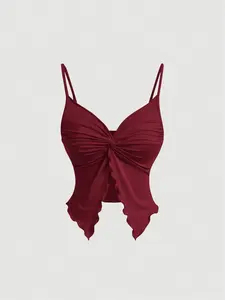 Women's Solid Color Twist Front Cami Top, Casual Adjustable Strap V Neck Fit Top for Summer, Women's Clothing for Daily Wear, Ruffle, Feminine