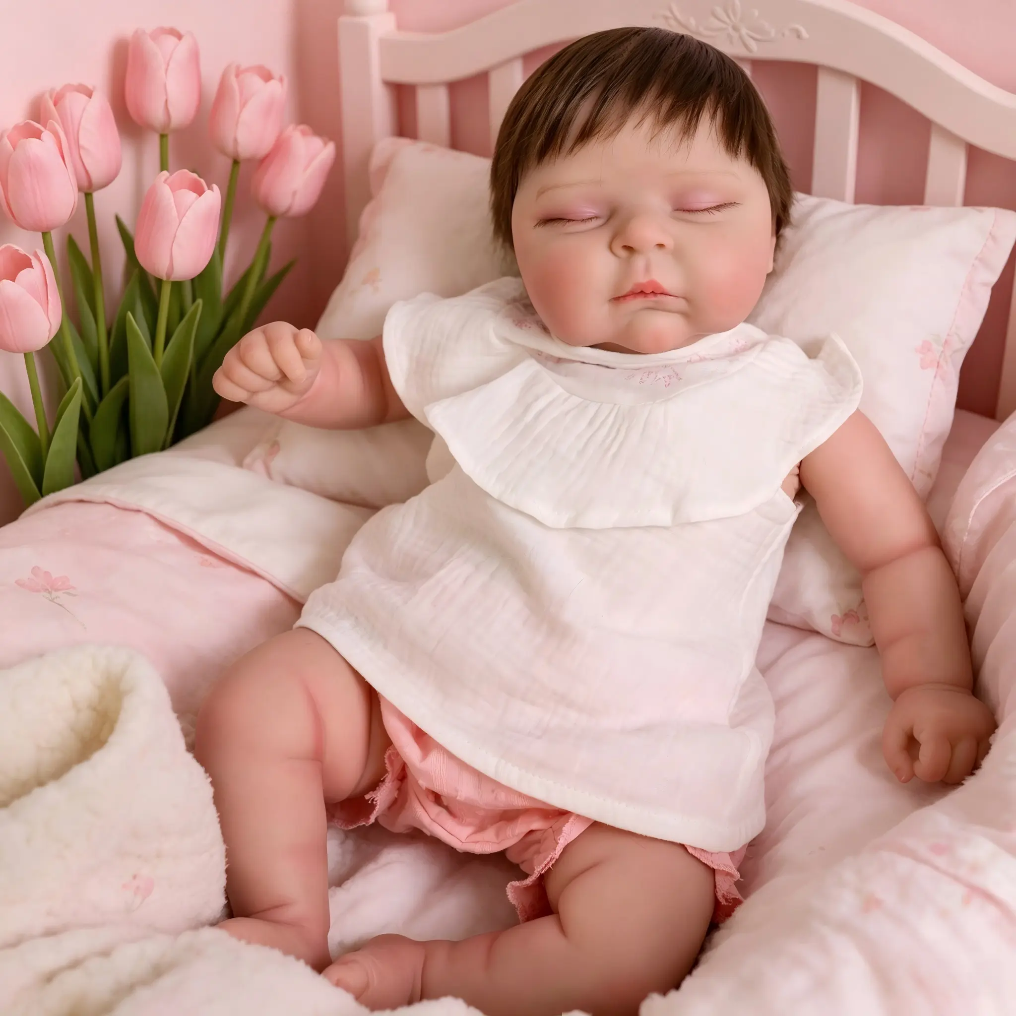 20" Sleeping Reborn Baby Doll Girl - Cloth Body, Rooted Brown Hair, Soft Cloth Body, Magnetic Pacifier & Outfit,Full Gift Set