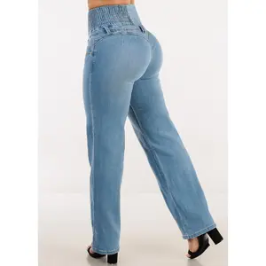 Moda Xpress MX JEANS Ultra High Waist Classic Blue Wide Leg Push Up Levantacola Jeans – Spandex Waistband, Straight Fit, Stretchy Material