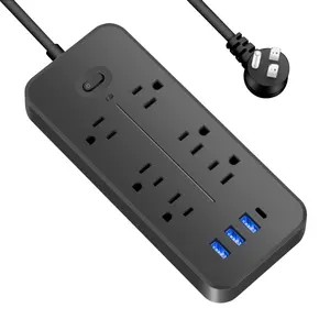 1pc, Power Socket With 3 USB 1 Type C, Flat Plug Of Surge Protector, With 6/8 Large Spacing Sockets, 4-foot Extension Cable, For Kitchen, Garage, Laundry Behind TV, Black Power Strip Fall12 Multifunctional surge  protector