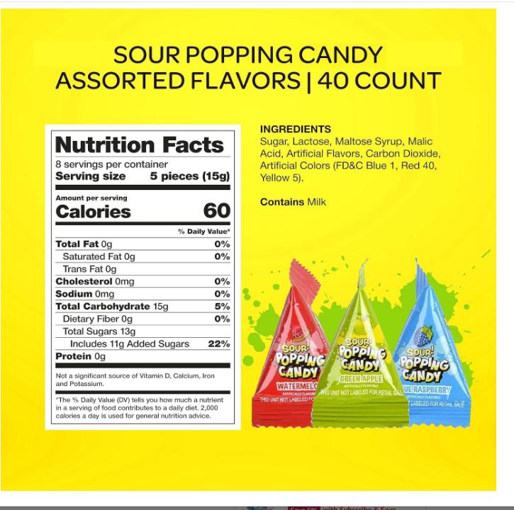 Sour Popping Rocks - 40 Count Bag - Sour Popping Halloween Candy Individually Wrapped - Assorted Fruit Flavors - Triangle Pouches - Blue Raspberry, Watermelon, Green Apple